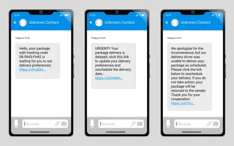 Drei Handys zeigen Nachrichten von "Unbekanntem Kontakt" über Paketlieferungen. Die Nachrichten sind Beispiele für Smishing-Phishing-Versuche, die Nutzer zum Klicken auf Links verleiten sollen.
