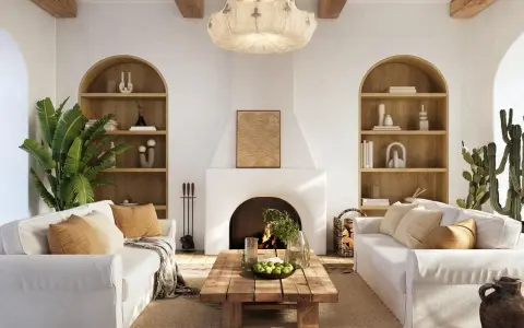 Przytulny salon w stylu balijskim z białymi sofami, drewnianymi belkami i palącym się kominkiem. Rośliny i naturalne materiały tworzą relaksującą atmosferę.