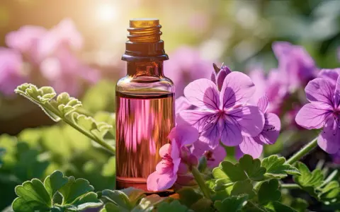 A small amber bottle of pink geranium essential oil sits amongst vibrant pink geranium flowers and green leaves, hinting at its spiritual benefits.