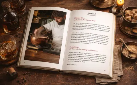 Ein Koch bereitet etwas in einem Kupfertopf zu, daneben ein Buch über Whisky. Ein Glas mit gutem Scotch und eine Kerze vervollständigen die Szene.