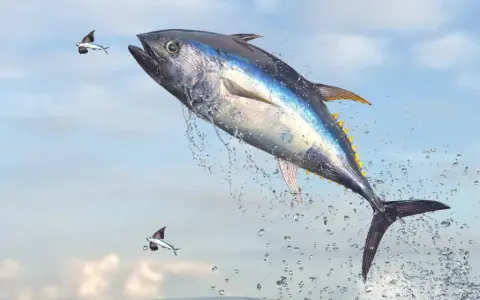 Un tonno pescato in Italia salta fuori dall'acqua, inseguito da pesci volanti.