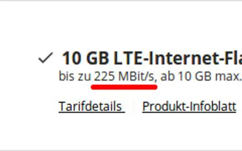 10 GB LTE-Internet-Flat mit bis zu 225 MBit/s. Die mb/s bedeutung hier ist Megabit pro Sekunde, eine Angabe zur Geschwindigkeit.