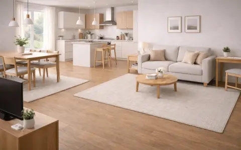 Ljust och luftigt vardagsrum med kök i öppen planlösning. En soffa, soffbord och matplats med stolar. Allt är inrett med mattor som skapar en mysig atmosfär.