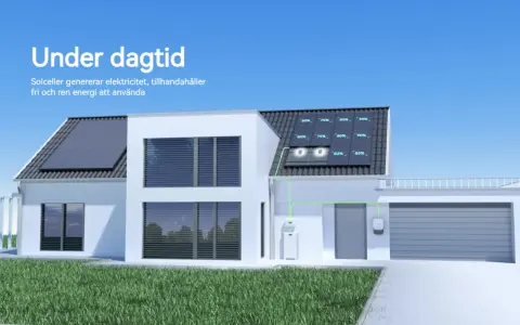 Ett modernt hus med solceller på taket som genererar och lagrar el. Grön energi för ett hållbart hem.
