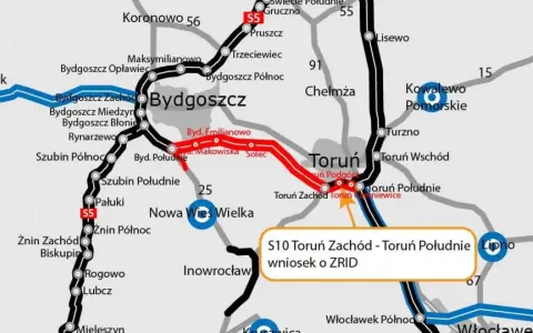 Mapa drogowa z zaznaczonymi trasami S5 i S10 między Bydgoszczą a Toruniem, z widocznymi mniejszymi miejscowościami.