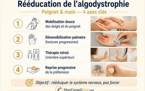 Rééducation du poignet et de la main pour l'algodystrophie : mobilisation, désensibilisation, thérapie miroir, reprise de préhension. Objectif : rééduquer le système nerveux.