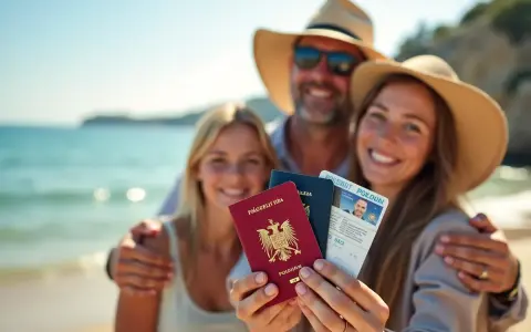 Rodzina na plaży trzyma paszporty. Czy do Hiszpanii potrzebny jest paszport? Tak, dla obywateli spoza UE.