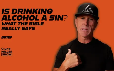 A man in a black t-shirt and "ALL IN" hat discusses if drinking alcohol is a sin, referencing what the Bible says.