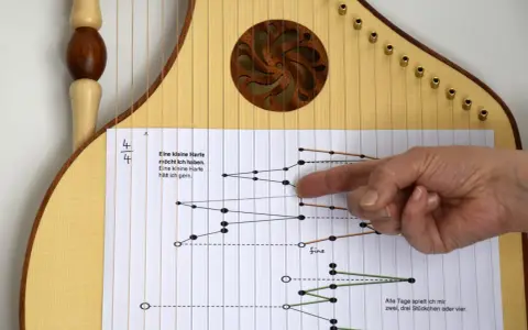 Eine kleine Harfe mit Notenblatt. Ein Finger zeigt auf die Noten, die zu dem Lied "Eine kleine Harfe" gehören.