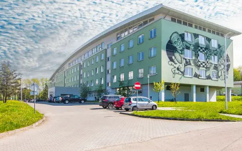 Zielony budynek z muralem na ścianie, jeden z budynków uczelni w Bielsku-Białej.