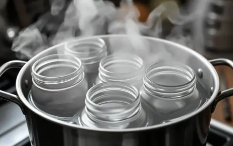 Fünf leere Glasflaschen werden in einem Topf mit kochendem Wasser sterilisiert, um sie für die Konservierung vorzubereiten.
