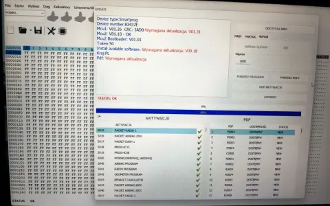 Program carprog2 wyświetla informacje o aktualizacji urządzenia i dostępnych modułach, takich jak "PACKET RADIO 1".
