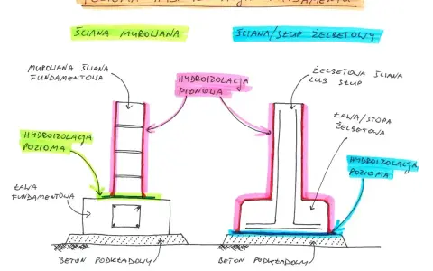 Schemat porównuje hydroizolację poziomą i pionową fundamentów murowanych i żelbetowych. Lepik chroni przed wilgocią.