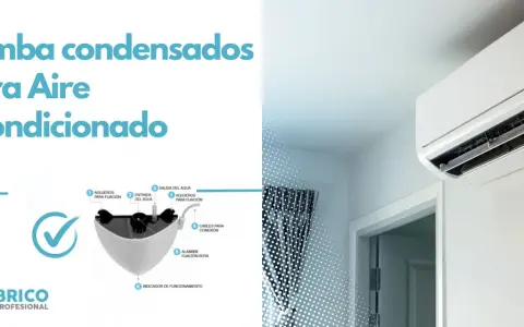 Bomba condensados para aire acondicionado, con diagrama de sus partes: entrada, salida de agua, fijación y conexión.