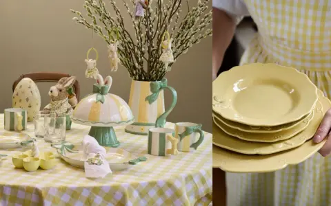 Härlig påskdukning inspiration med gula och gröna detaljer. En dukning med påskägg, kaniner och videkissar.