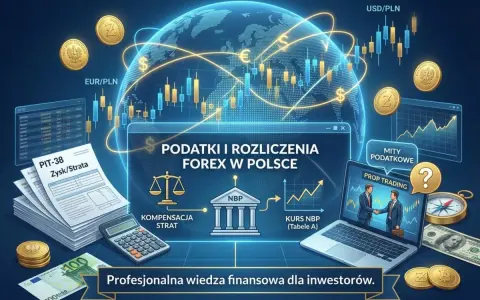 Jak nie płacić podatku od forex? Grafika przedstawia rozliczenia podatkowe, PIT-38, kalkulator, NBP, wykresy i waluty, sugerując profesjonalną wiedzę finansową.