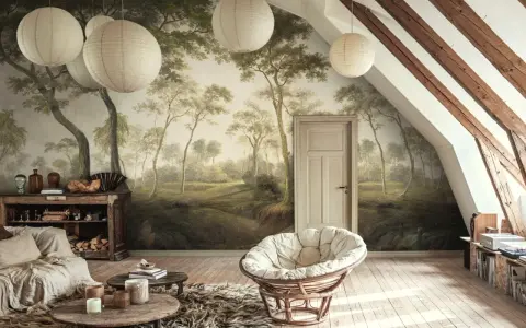 Sypialnia w stylu boho z tapetą imitującą las w odcieniach **kolorów ziemi**. Wygodna sofa, wiklinowy fotel i drewniane meble tworzą przytulną atmosferę.