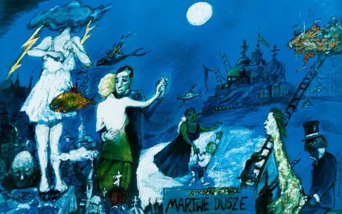 Tancerze, postać z chmurą i rybą, dziwne budowle i latające ryby tworzą surrealistyczną scenę. To plakat do spektaklu "Martwe dusze".