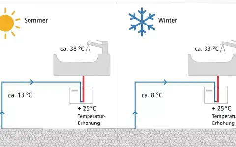 Schema zeigt eine durchlauferhitzer alternative: Wasser wird im Sommer von 13°C auf 38°C, im Winter von 8°C auf 33°C erwärmt.