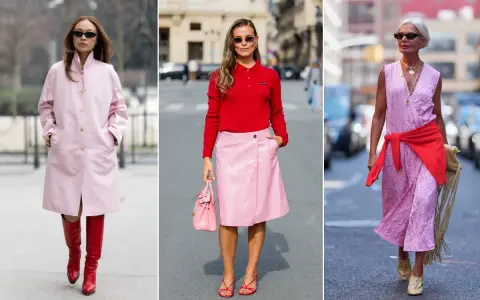 Tre donne sfoggiano un outfit rosa e rosso: cappotto rosa con stivali rossi, maglia rossa con gonna rosa, e abito rosa con maglia rossa legata in vita.