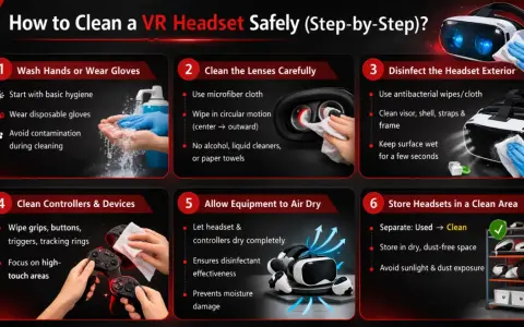 Instrukcja czyszczenia VR: myj ręce, używaj ściereczki z mikrofibry do soczewek, dezynfekuj zewnętrzną część, czyść kontrolery, susz i przechowuj w czystym miejscu. Dowiedz się, czym czyścić elektronikę.