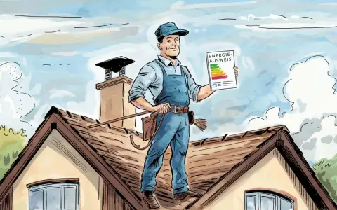 Schornsteinfeger auf dem Dach hält Energieausweis. Er erklärt, was kostet ein energieausweis vom schornsteinfeger.