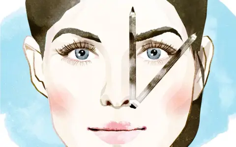 Illustration einer Frau mit blauen Augen und drei Bleistiften im Gesicht, die auf Augenbrauen und Nase zeigen.