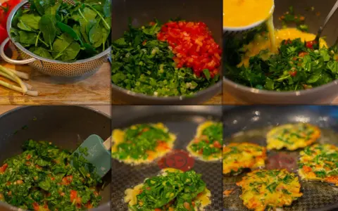 Förberedelse av torrejas salvadoreñas: färsk spenat, hackad tomat, salladslök och ägg blandas och steks gyllene i panna.