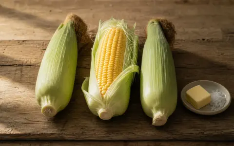 Drei Maiskolben liegen auf Holz. Einer ist geschält und zeigt die gelben Körner. Daneben eine kleine Schale mit Butter und Salz – bereit, um Mais zu kochen.