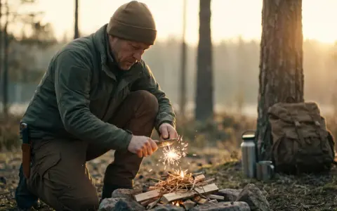 Mężczyzna w lesie, jak preppers, roznieca ogień krzesiwem. Obok plecak i termos.