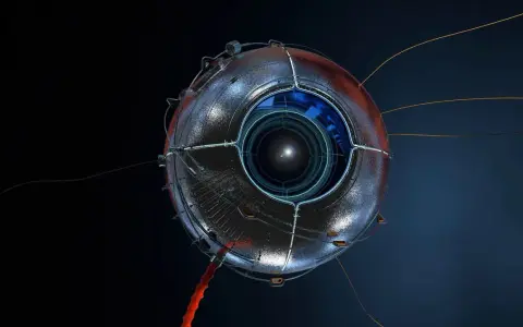 Ojo mecánico con cables, como un spyware informático observando.