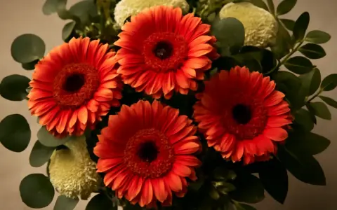 En bukett med lysande orange gerbera blomma, omgiven av gröna blad och fluffiga vita blommor.