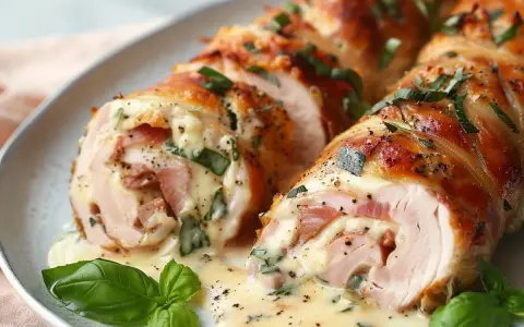 Saftige Involtini im Backofen, gefüllt mit Schinken und Käse, übergossen mit cremiger Sauce und garniert mit frischem Basilikum. Ein köstliches involtini rezept im backofen.