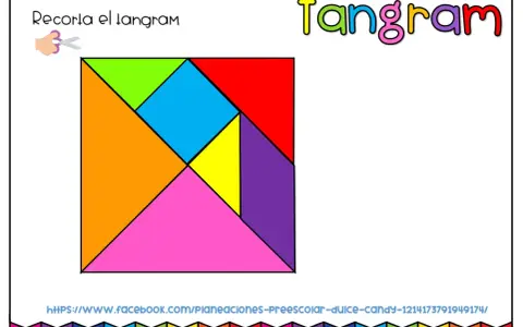 Un tangram de colores con formas geométricas para crear figuras tangram fáciles. ¡A recortar y jugar!
