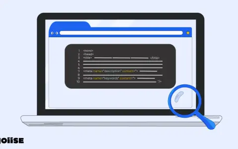Code HTML sur un écran d'ordinateur, montrant la balise title WordPress et les balises meta pour le SEO. Une loupe examine le code.