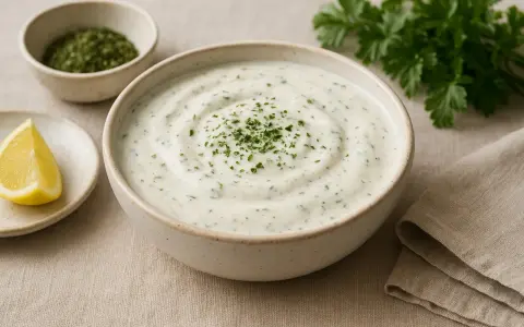 En skål med krämig ranch dressing, garnerad med persilja, bredvid en citronklyfta och en liten skål med torkade örter.