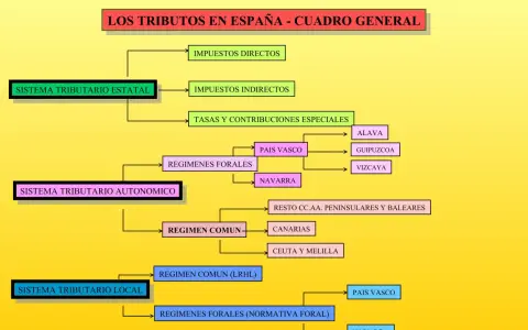 Diagrama de los tipos de tributos en España: estatal, autonómico y local, con sus divisiones y regímenes.