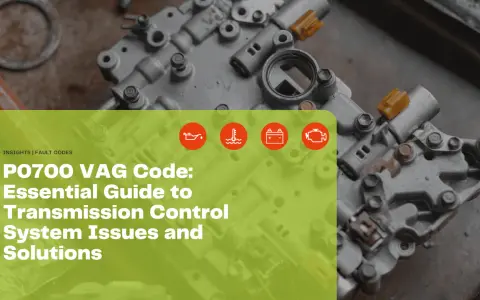 Guide to P0700 VAG code, covering transmission control system issues and solutions. Features icons for oil, temperature, battery, and engine.