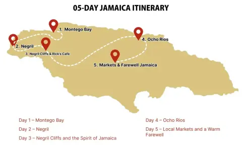 Mapa pokazuje, gdzie leży Jamajka, z trasą 5-dniową obejmującą Montego Bay, Negril i Ocho Rios.