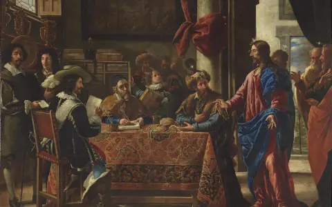 Jezus wita się z celnikami, jak opisano w Mt 9. Scena rozgrywa się w bogato zdobionym wnętrzu, gdzie Jezus w różowej i niebieskiej szacie rozmawia z mężczyznami przy stole.