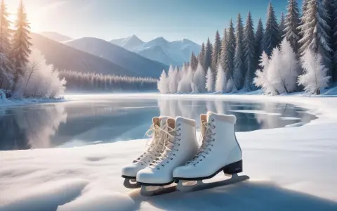 Vita skridskor står redo på snön vid en isbelagd sjö, omgivna av snöklädda träd och berg. Perfekt för att åka skridskor i vacker vintermiljö.