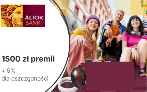 Alior Bank promocja za założenie konta: 1500 zł premii i 5% dla oszczędności. Uśmiechnięci młodzi ludzie siedzą na schodach.