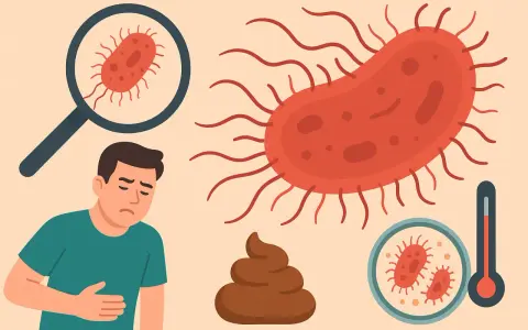 Uomo con mal di pancia, feci arancioni, batteri visti al microscopio e termometro.