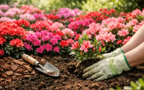 Manos enguantadas plantan una azalea rosa entre vibrantes tipos de azaleas rojas y rosas. Pala y mantillo cerca.