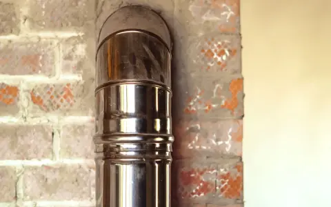 Błyszcząca rura stalowa podłączona do ceramicznego komina, widoczna na tle ceglanej ściany.