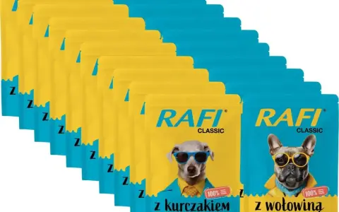 Opakowania karmy dla psów Rafi Classic z kurczakiem i wołowiną, z psami w okularach.