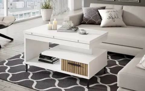 Mesa elevable con motor, ideal para tu sala. Con compartimentos y diseño moderno.