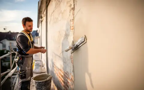 Un ouvrier applique un enduit sur agglo sur un mur extérieur, à l'aide d'une truelle. Le soleil se couche.