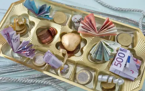 Pudełko po czekoladkach wypełnione banknotami i monetami. Oryginalny sposób, jak śmiesznie zapakować pieniądze na prezent.