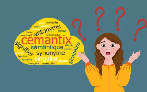 Une jeune femme perplexe face à un nuage de mots sur la sémantique, les synonymes et les antonymes.